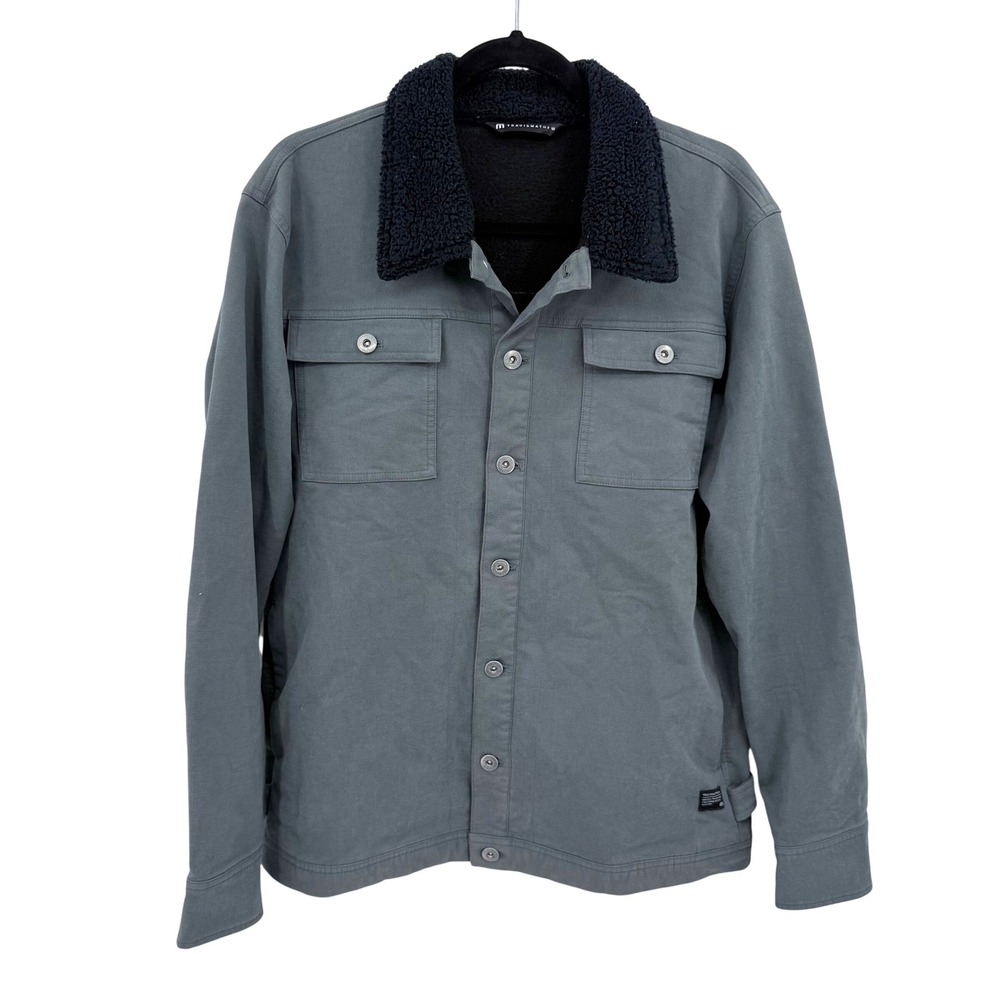 TravisMathew Cloud Denim Sherpa Collar Button Up Jacket Balsam Green Blue Size M
